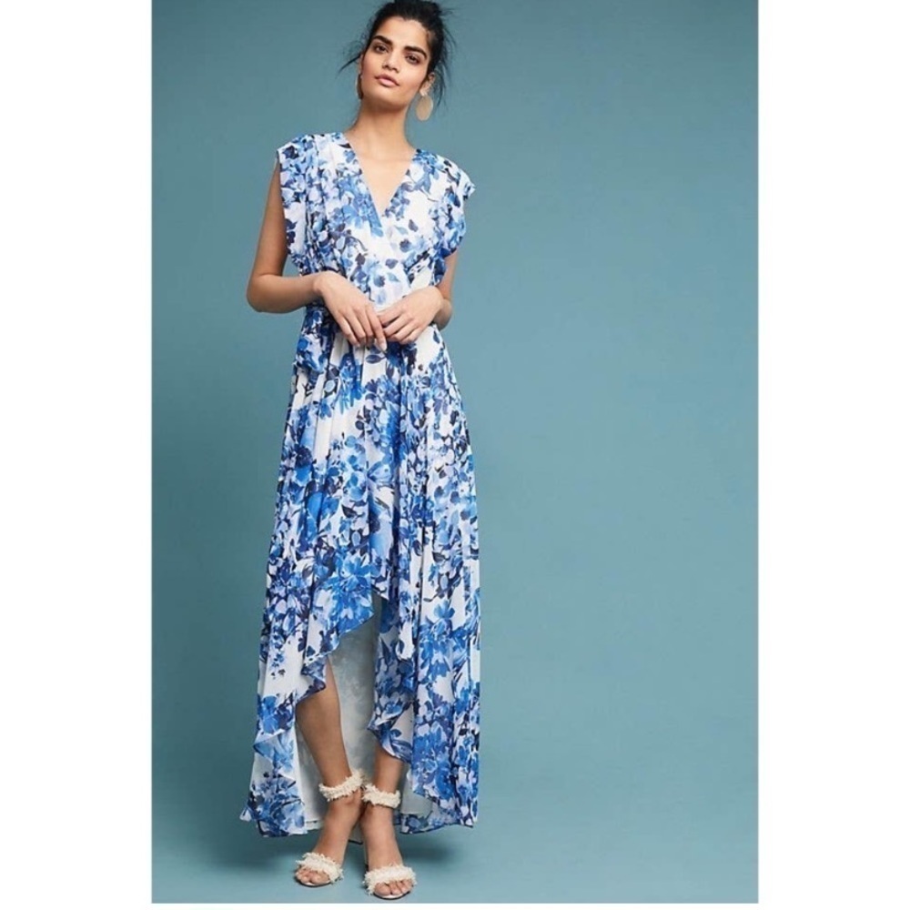 Eliza J Floral Belted Ruffle High/Low Maxi Dress Blue White Size 10